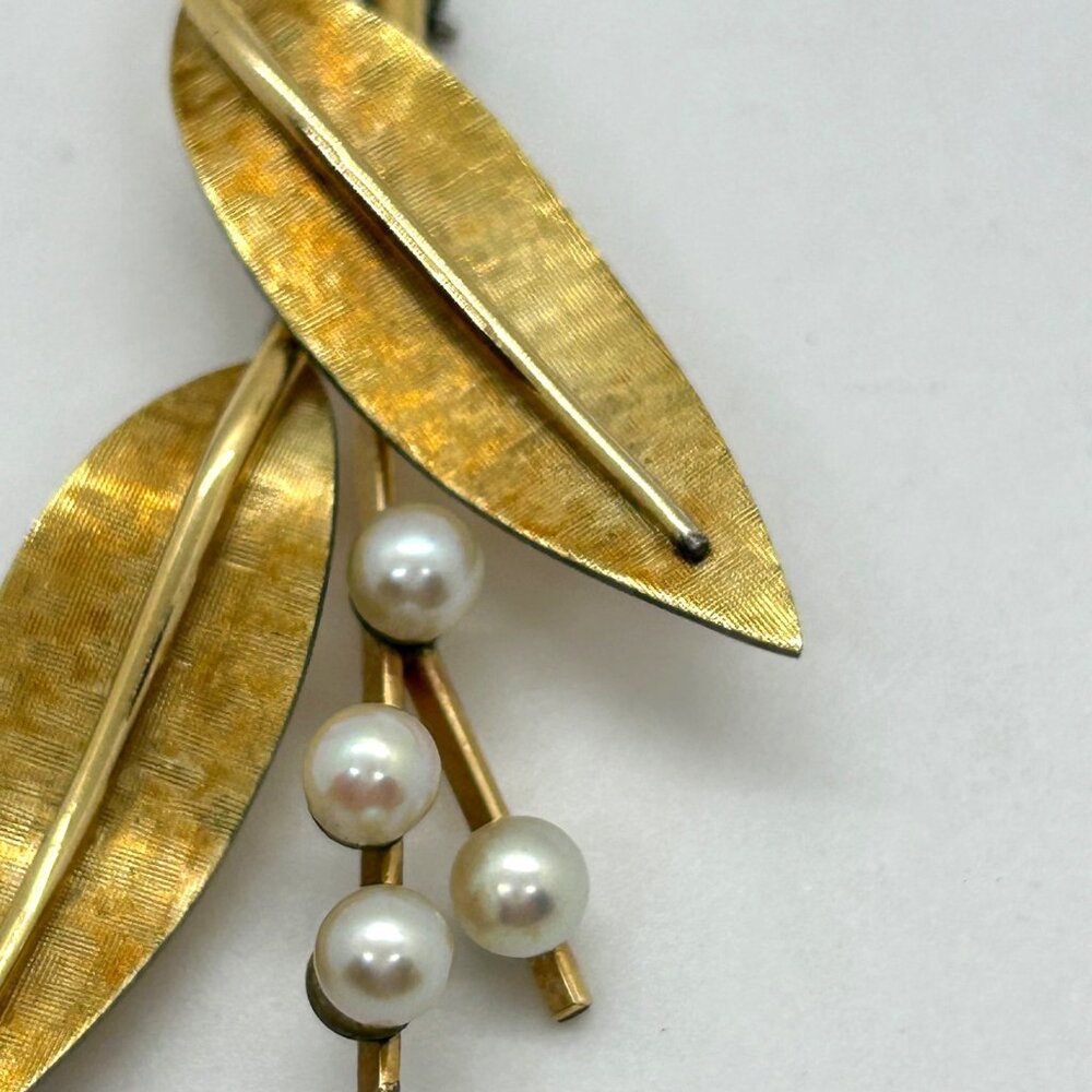 Vintage Krementz Brooch Pin Gold-Tone Leaf & Faux Pearl Floral 1.5 inch - Picture 7 of 16